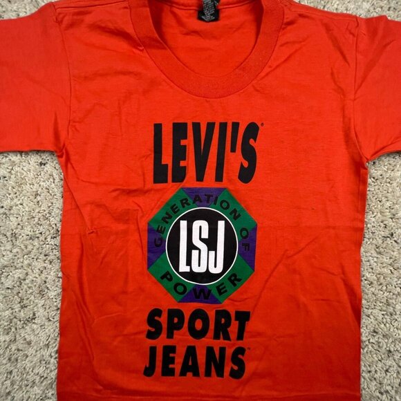 VTG Levis Sport Jeans LSJ T Shirt Orange Size Small USA MADE COTTON Rare - Picture 1 of 11